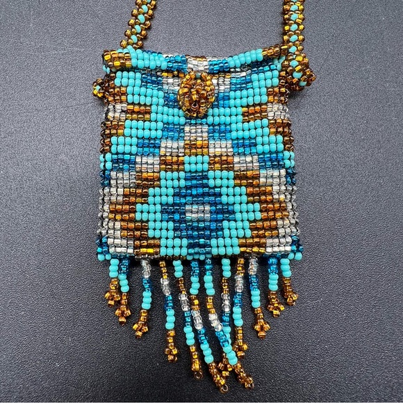Handmade Jewelry - Vintage Turquoise Gold Seed Bead Peyote Amulet Pouch Necklace Fringe